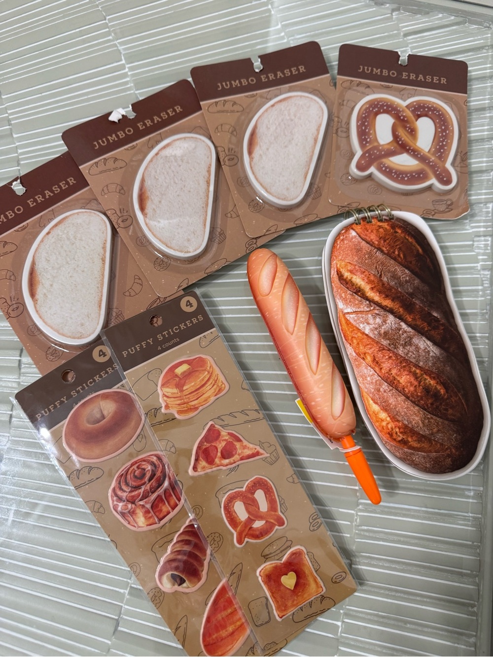 Bread & Pastry Jumbo Eraser, pen, notepad, Puffy Sticker Set - Brown